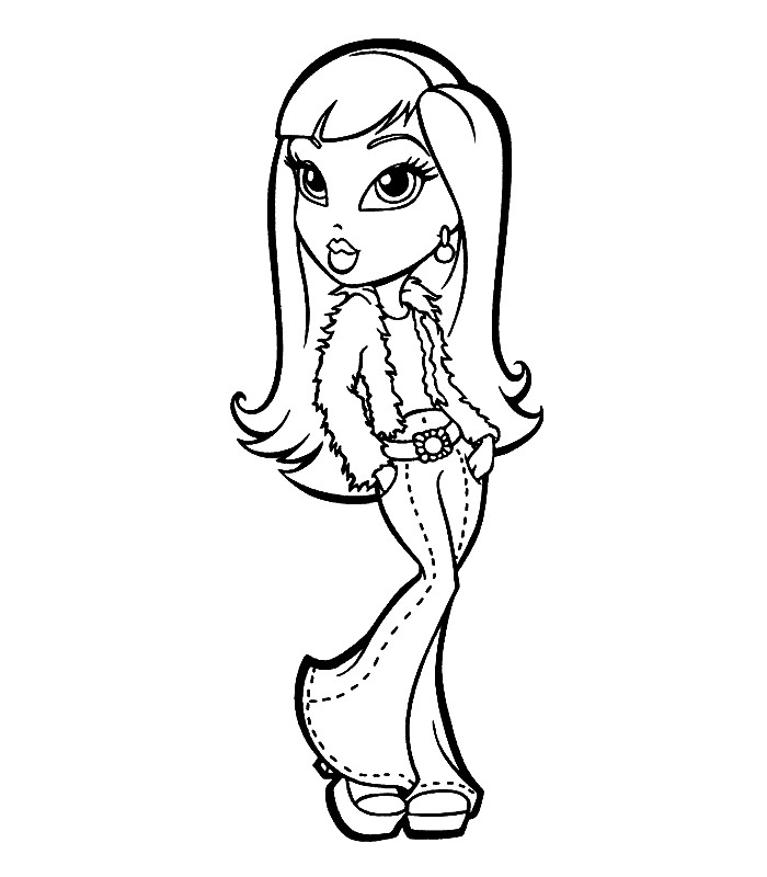 Coloriage de Bratz avec une pose stylée devant un décor urbain