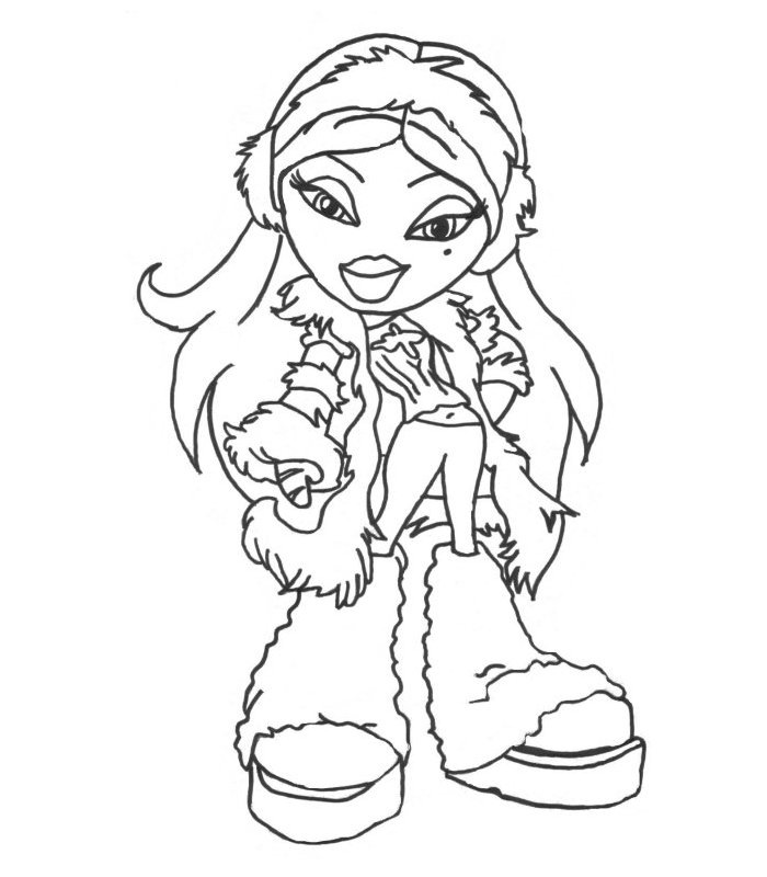 Coloriage de Bratz avec une pose dynamique dans un décor stylisé