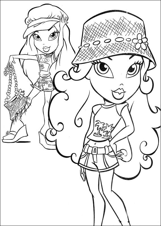 Coloriage de Bratz : quatre personnages stylés en pleine pose