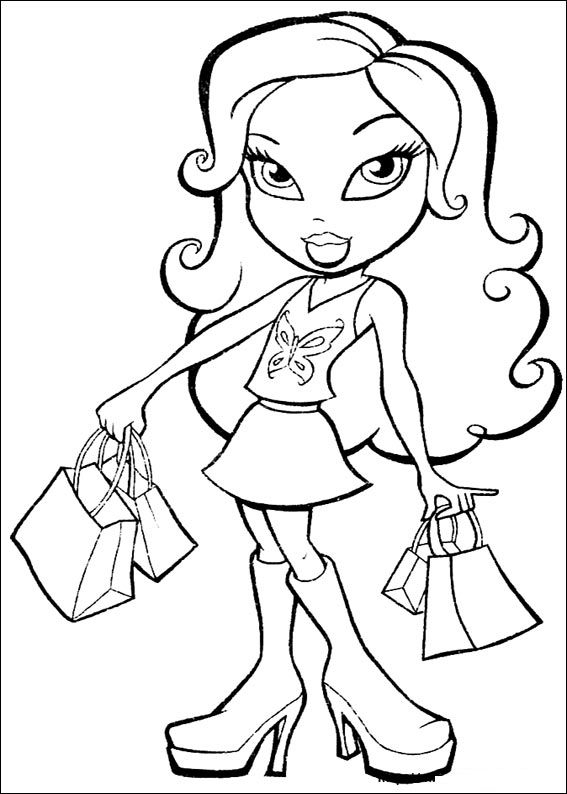 Coloriage d'une Bratz en pose stylée avec des accessoires