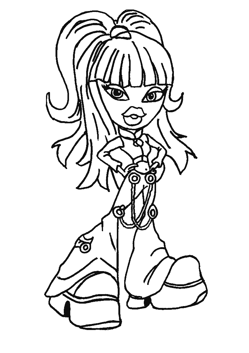 Coloriage de Bratz avec une fille stylée et des accessoires à la mode