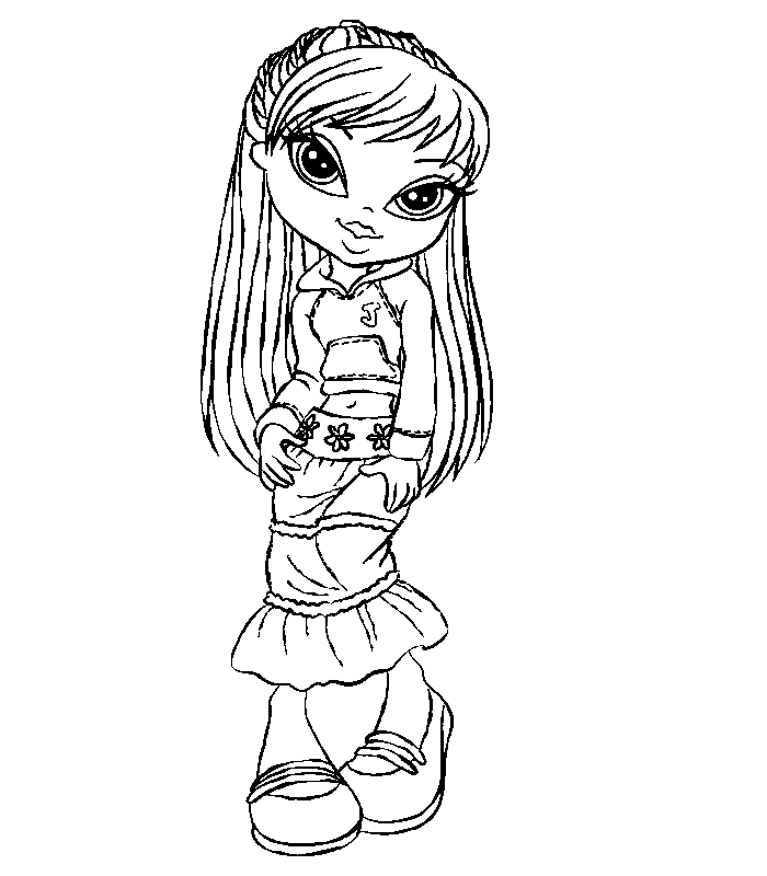 Coloriage de Bratz avec une pose dynamique dans un décor stylisé
