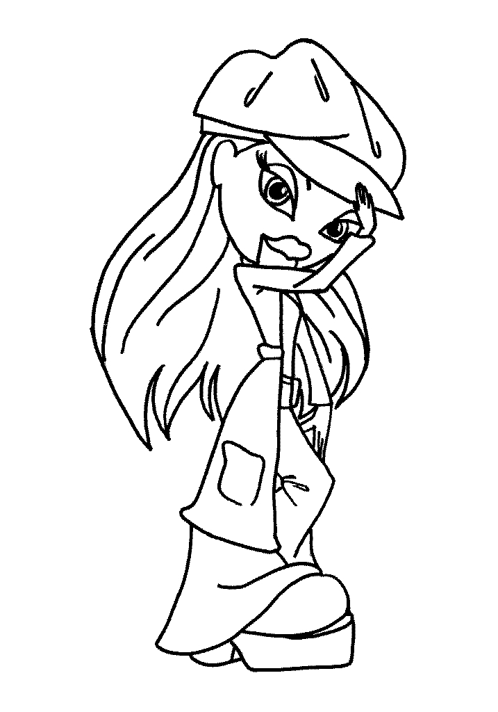 Coloriage d'une Bratz en pleine pose avec des accessoires de mode