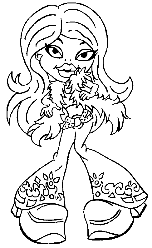 Coloriage d'une jeune fille Bratz avec un style unique dans un décor stylisé