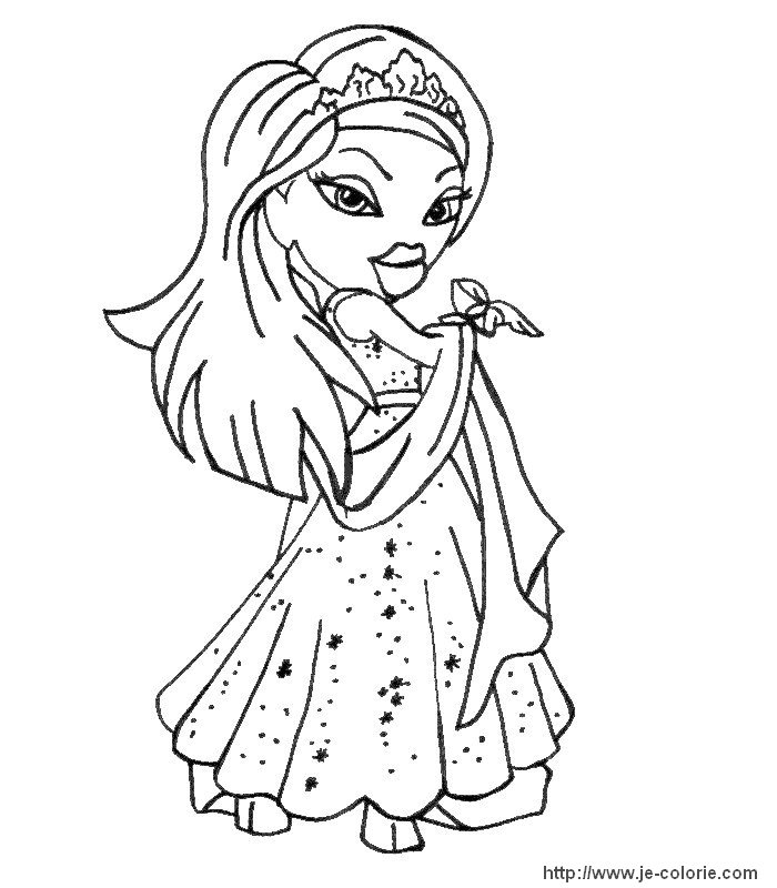 Coloriage d'une poupée Bratz en pleine pose avec des détails de mode