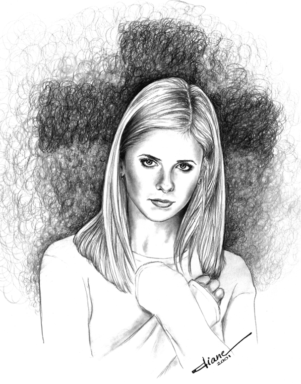 Buffy Summers en pleine action face à des vampires dans un décor urbain Buffy Summers en pleine action face à des vampires dans un décor urbain