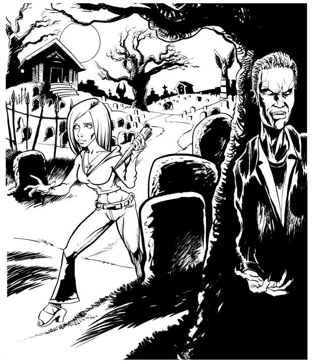 Buffy Summers combattant des vampires dans un décor urbain nocturne Buffy Summers combattant des vampires dans un décor urbain nocturne