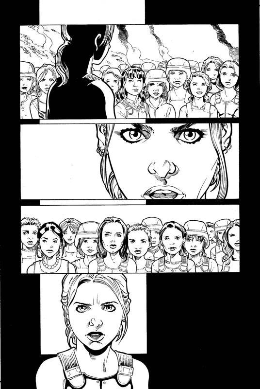 Buffy Summers en pleine action face à des vampires dans une scène sombre Buffy Summers en pleine action face à des vampires dans une scène sombre