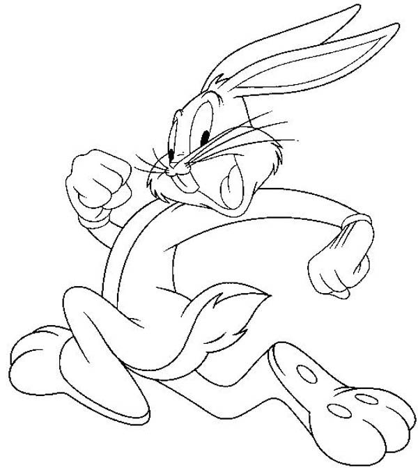 Coloriage de Bugs Bunny avec une expression malicieuse sur fond de nature