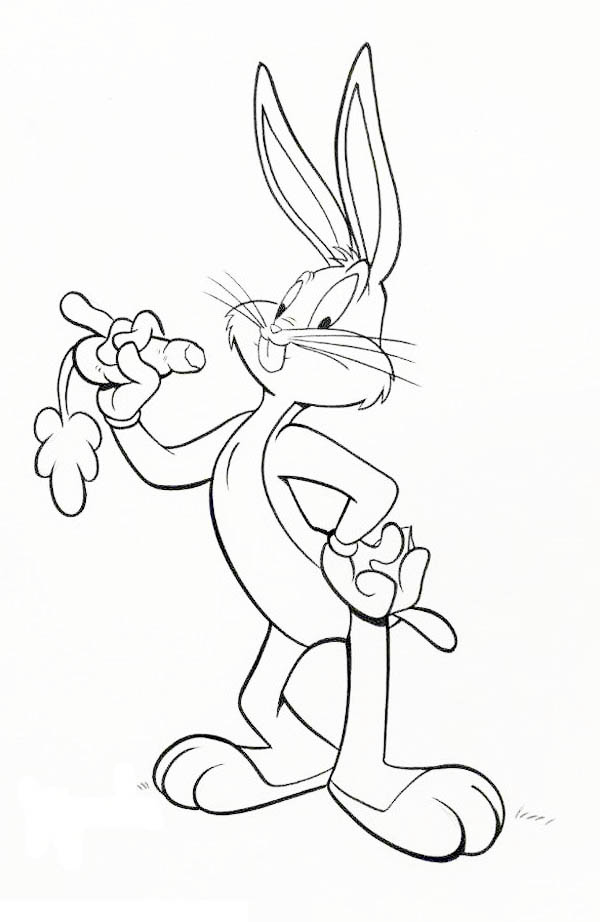 Coloriage de Bugs Bunny en pleine action avec un décor ludique