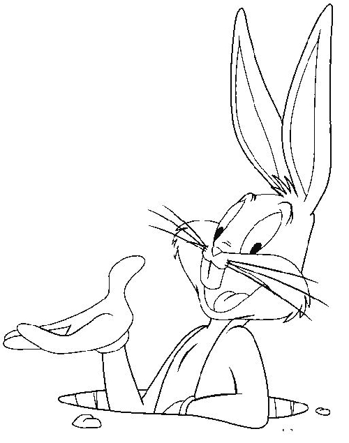 Coloriage de Bugs Bunny en pleine action avec un décor ludique