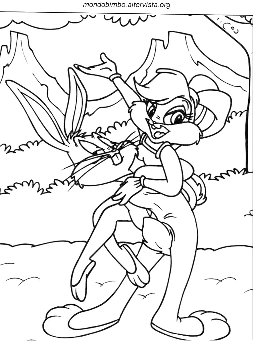 Coloriage de Bugs Bunny en pleine action, avec un décor naturel