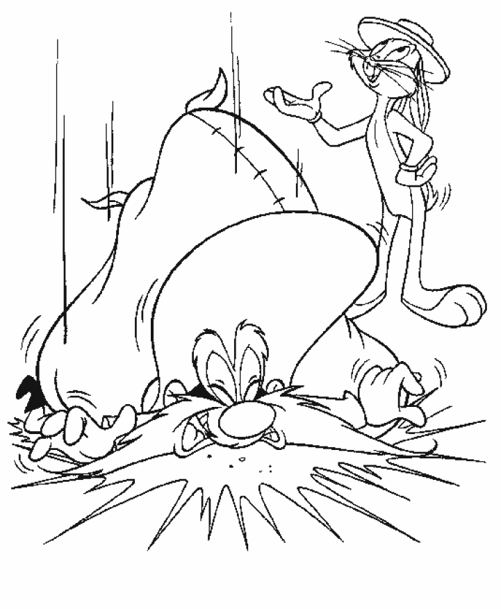 Coloriage de Bugs Bunny en pleine action avec un décor de nature