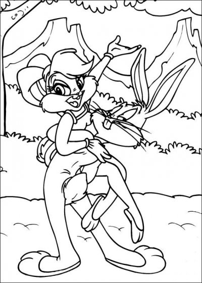 Coloriage de Bugs Bunny en pleine action, entouré d'éléments amusants
