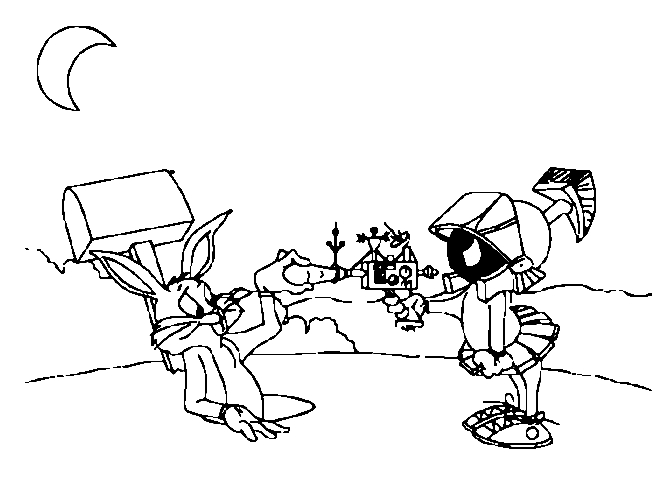 Coloriage de Bugs Bunny en pleine action dans un décor naturel