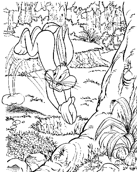 Coloriage de Bugs Bunny en pleine action avec un sourire malicieux