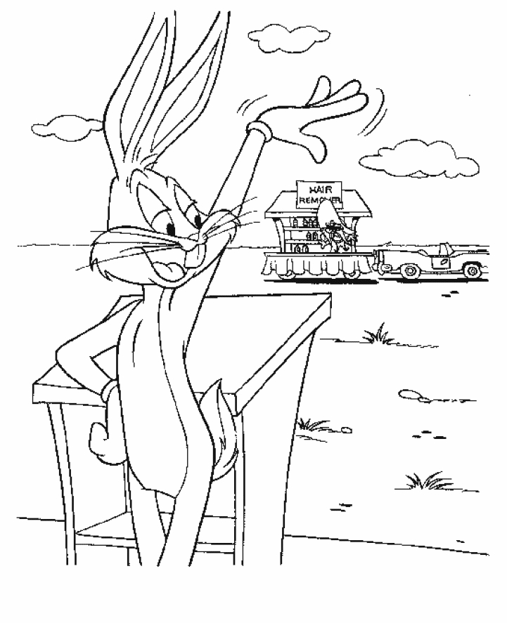 Coloriage de Bugs Bunny en pleine action avec un décor de nature
