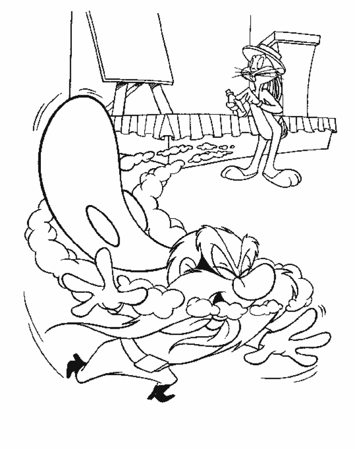 Bugs Bunny en train de grignoter une carotte sur fond de paysage