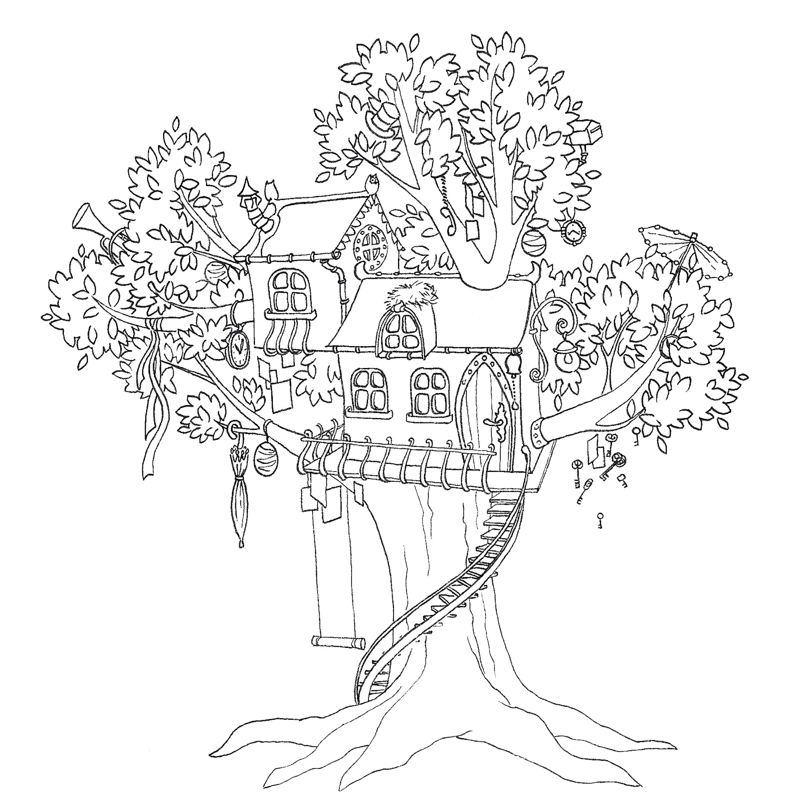 Coloriage d'une cabane dans un arbre entourée de nature Coloriage d'une cabane dans un arbre entourée de nature