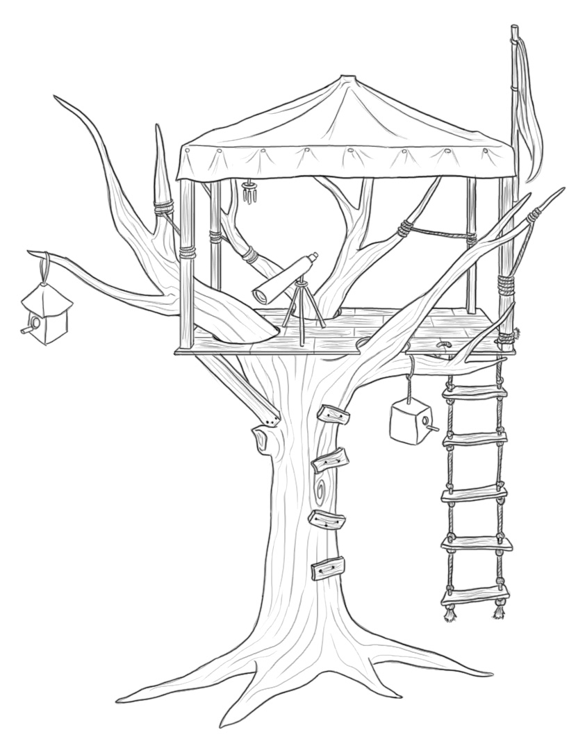 Coloriage d'une cabane dans un arbre entourée de verdure Coloriage d'une cabane dans un arbre entourée de verdure