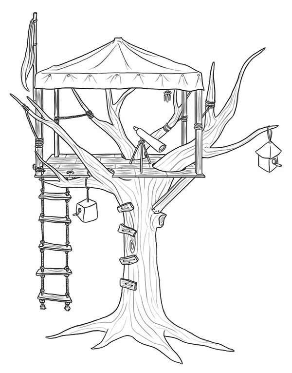 Coloriage d'une cabane dans un arbre entourée de verdure Coloriage d'une cabane dans un arbre entourée de verdure