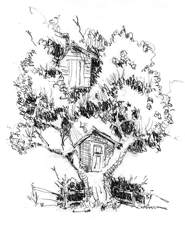 Une cabane dans un arbre entourée de nature verdoyante Une cabane dans un arbre entourée de nature verdoyante