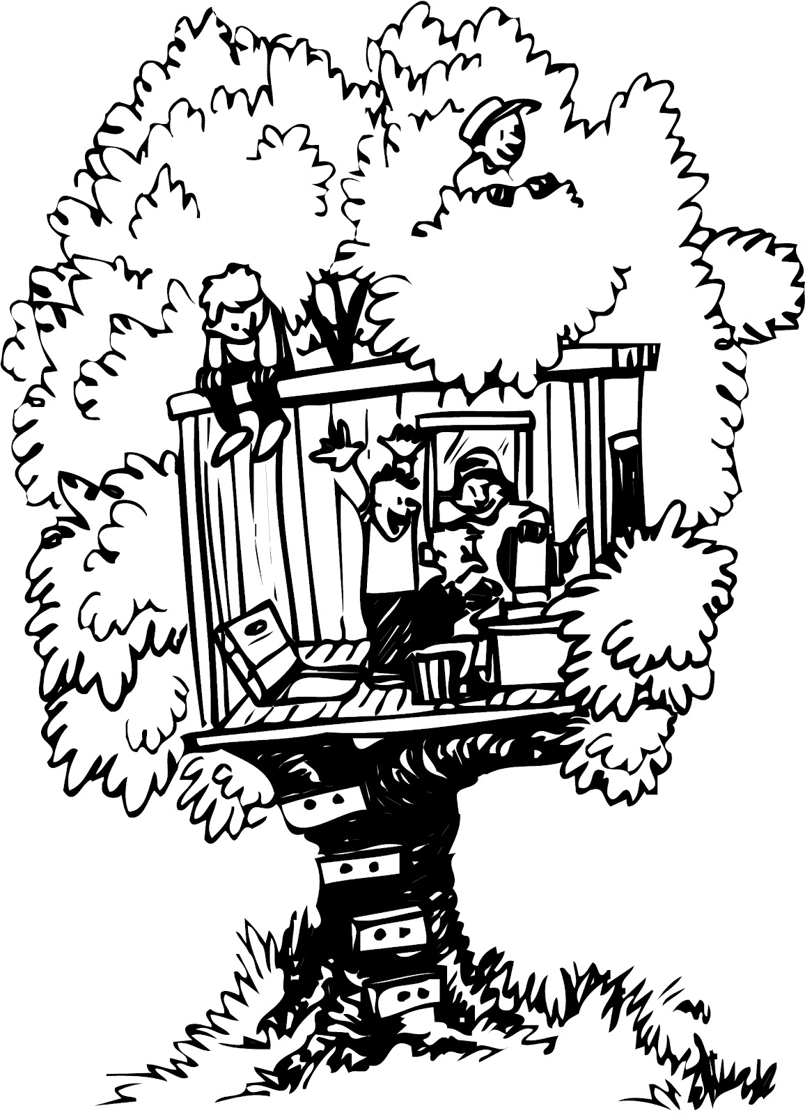 Coloriage d'une cabane dans un arbre entourée de nature Coloriage d'une cabane dans un arbre entourée de nature