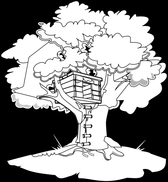 Coloriage d'une cabane dans un arbre entourée de feuillage
