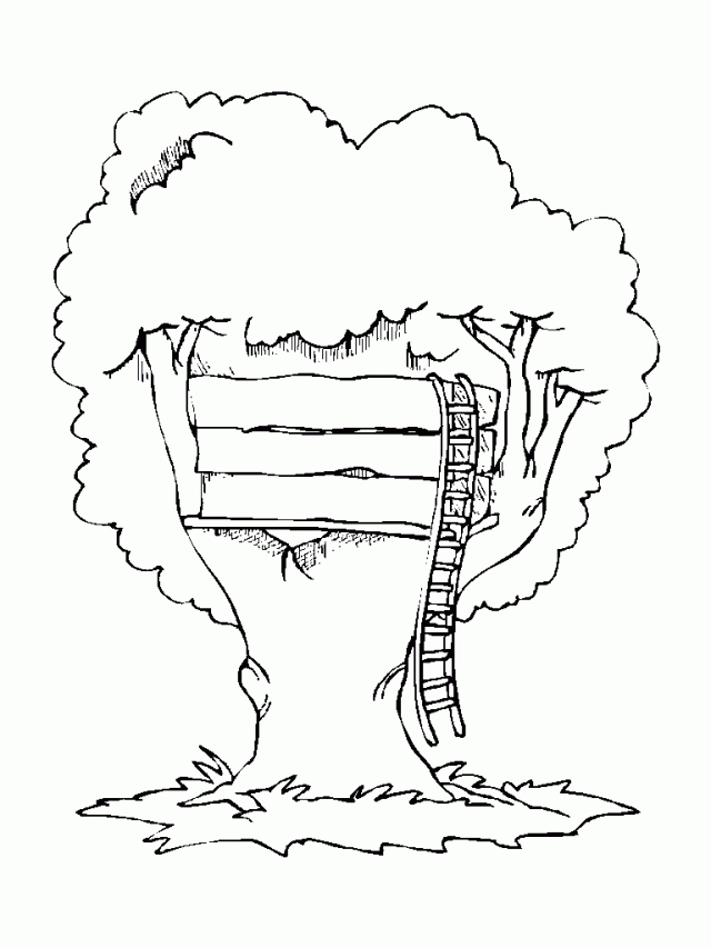 Coloriage d'une cabane dans un arbre au cœur de la nature