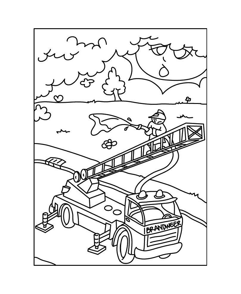 Coloriage d'un camion de pompier avec son équipement sur fond simple