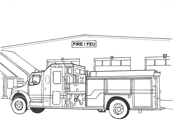 Coloriage d'un camion de pompier prêt à l'action dans un environnement urbain