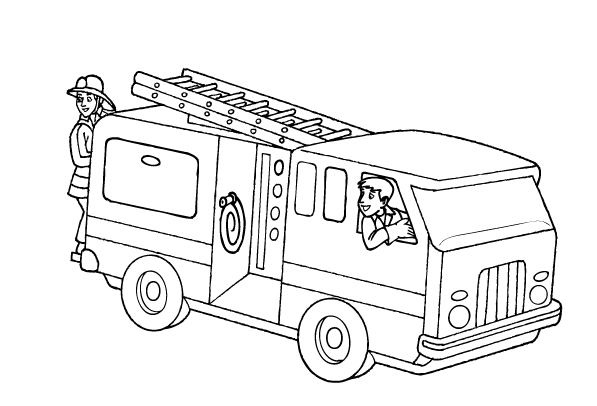 Coloriage d'un camion de pompier en action dans un environnement urbain