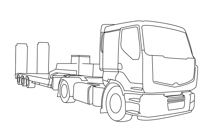 Coloriage d'un camion sur la route avec un paysage rural