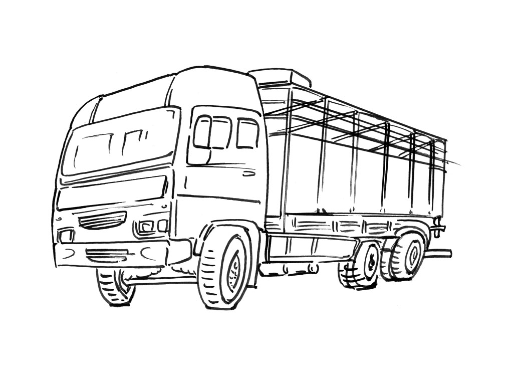 Coloriage d'un camion sur la route avec un paysage urbain en arrière-plan