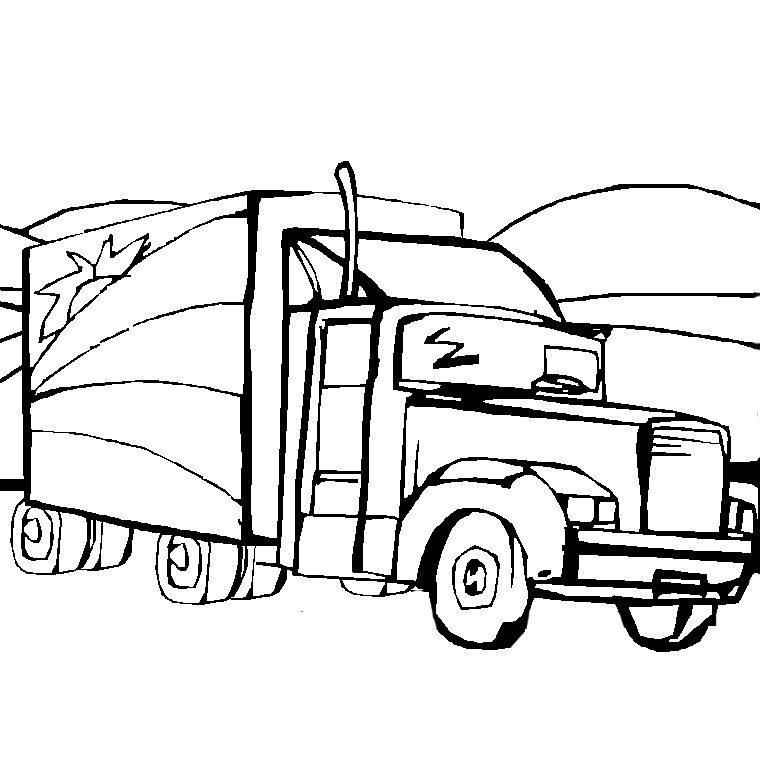 Coloriage d'un camion sur une route avec des éléments de paysage
