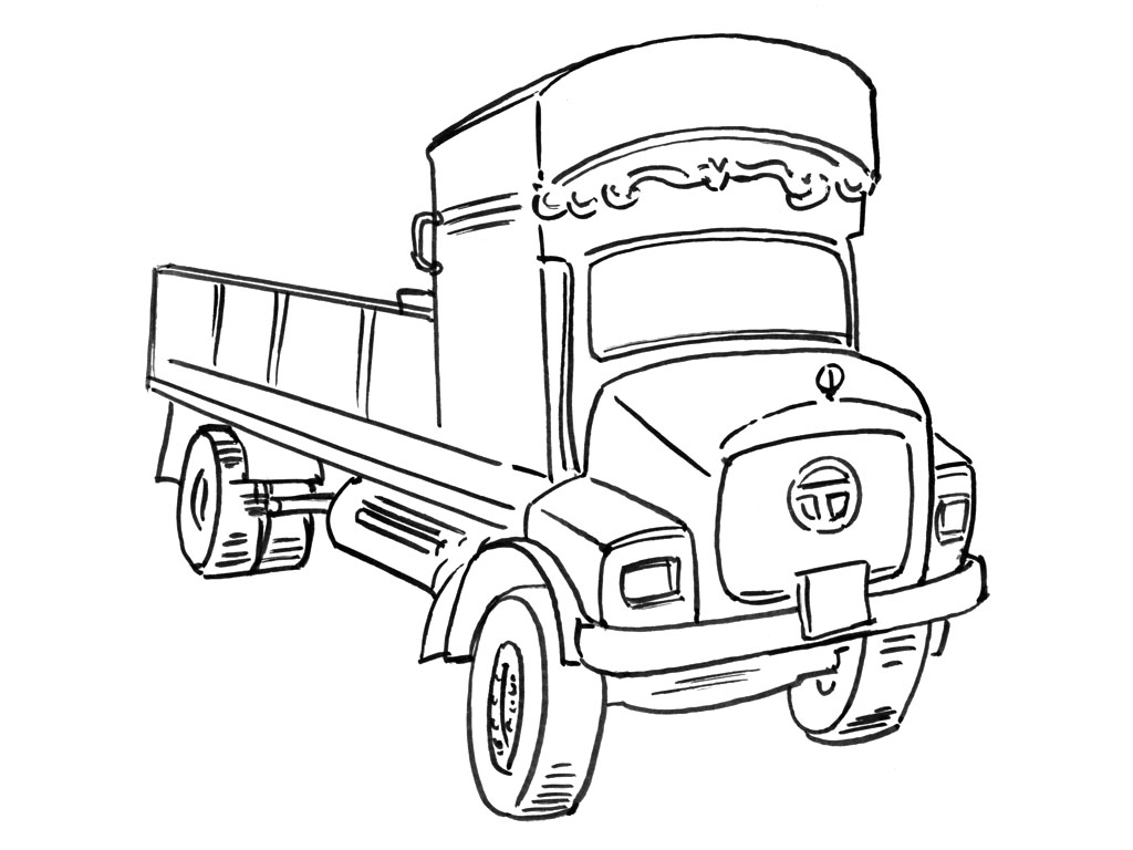 Coloriage d'un camion sur une route avec des éléments de paysage