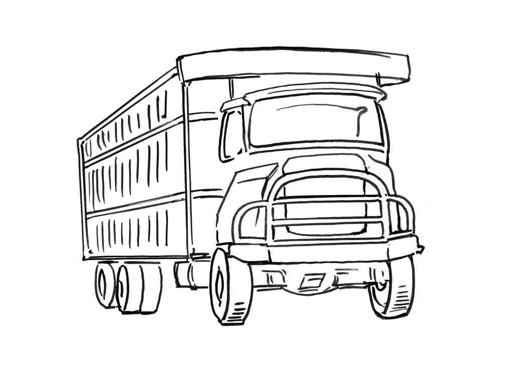 Coloriage d'un camion sur une route avec des arbres en arrière-plan