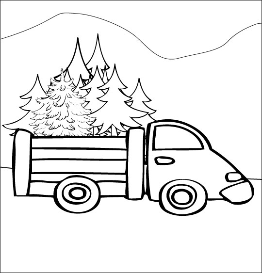 Coloriage d'un camion sur une route avec des arbres