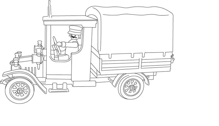 Coloriage d'un camion de pompiers sur une route avec des arbres