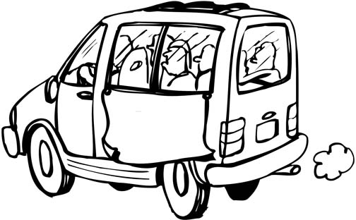 Coloriage d'une camionnette sur un chemin entouré d'arbres
