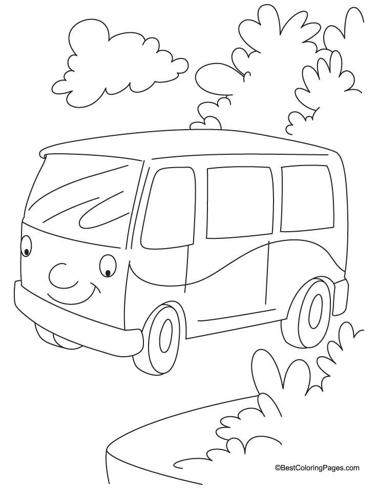 Coloriage d'une camionnette sur une route entourée d'arbres