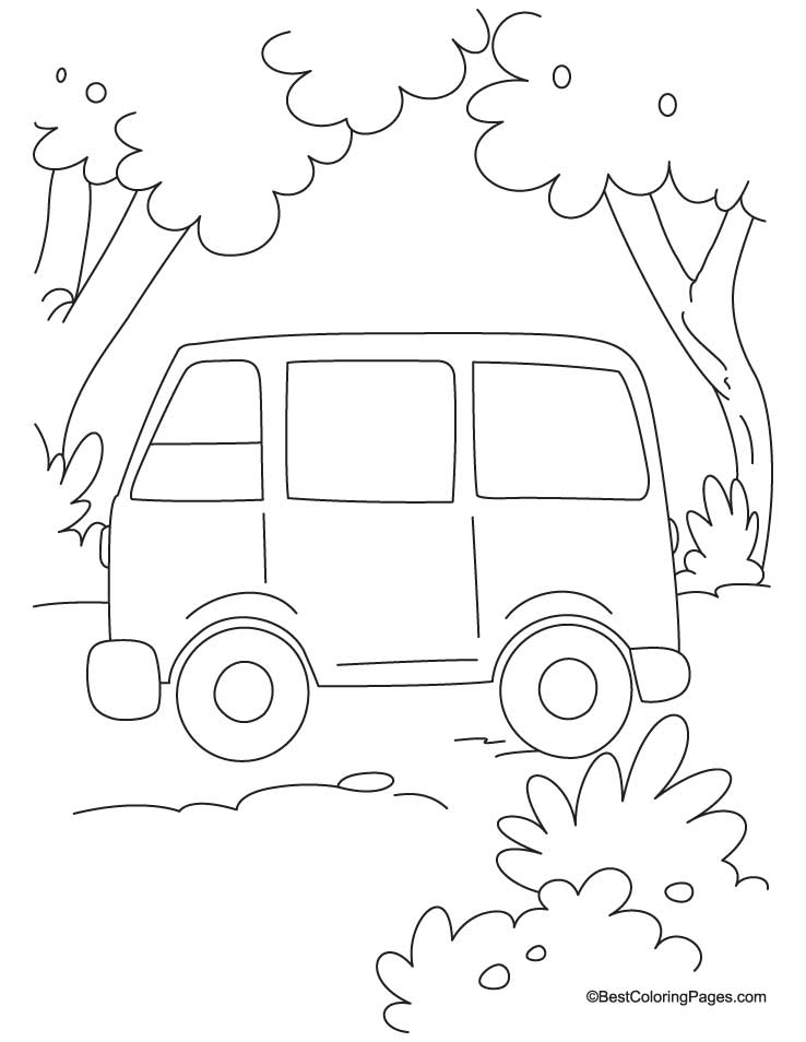 Coloriage d'une camionnette sur une route ensoleillée