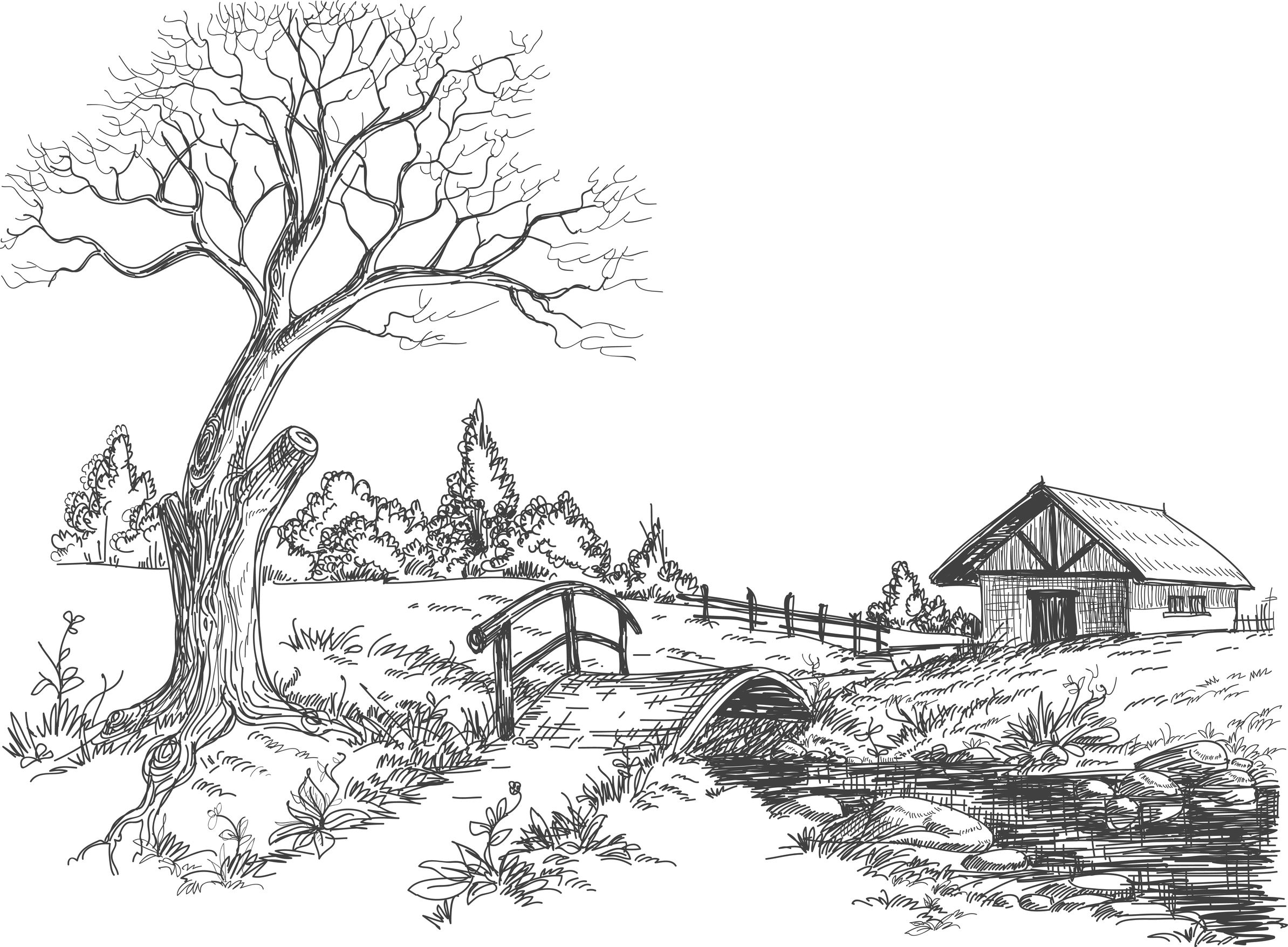 Un paysage de campagne avec une ferme et des animaux