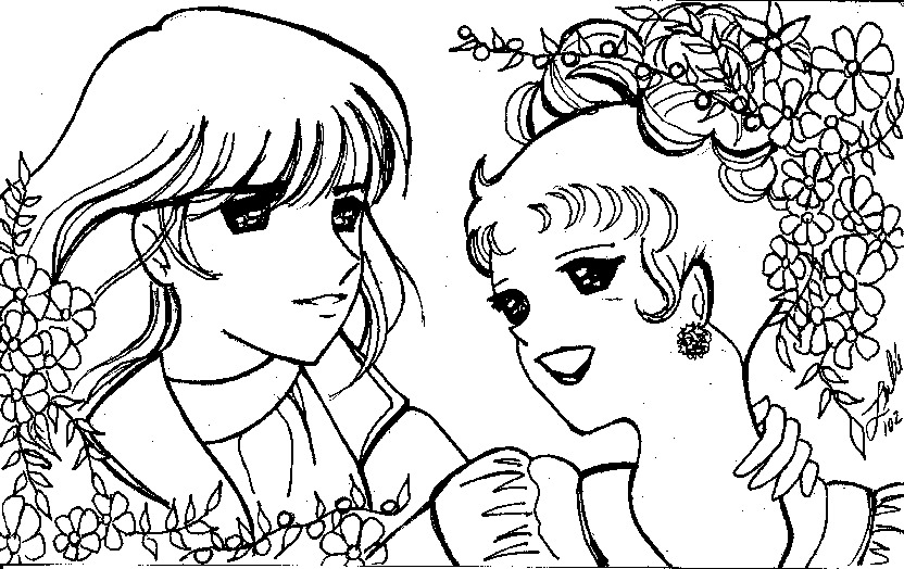 Coloriage de Candy Candy avec un doux paysage floral