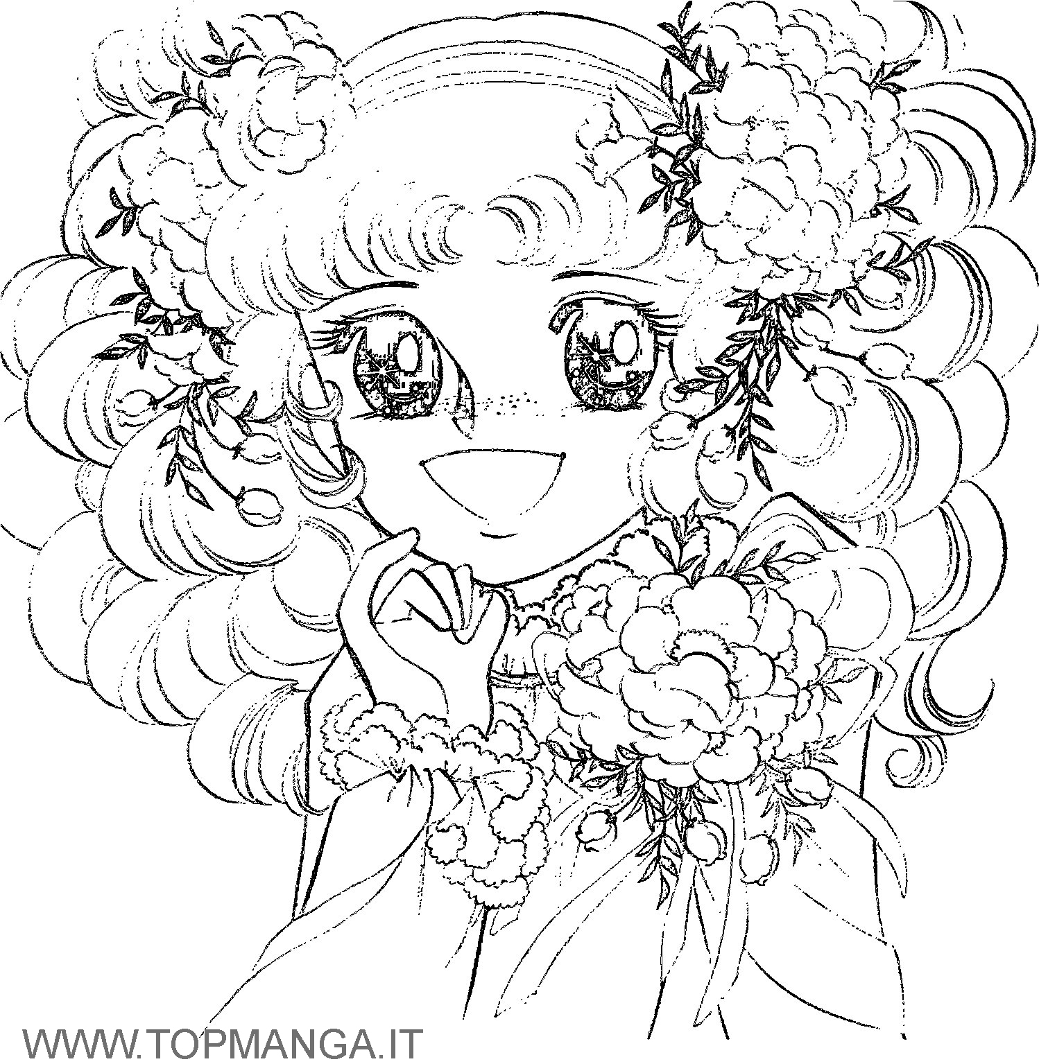 Coloriage de Candy Candy avec des personnages et un décor floral