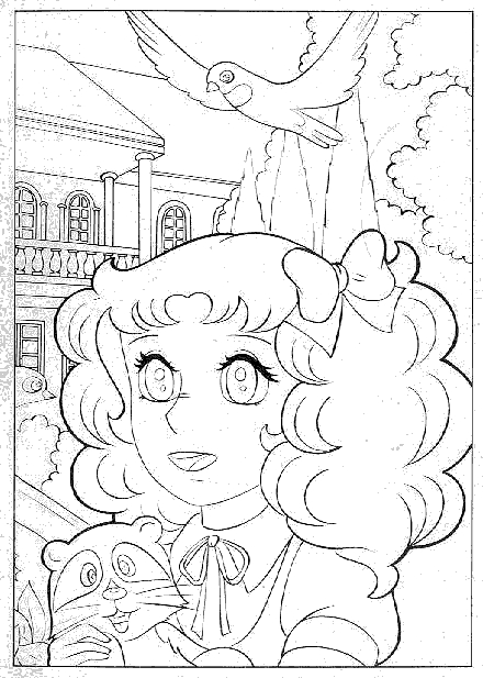 Coloriage de Candy Candy en pleine activité dans un décor floral