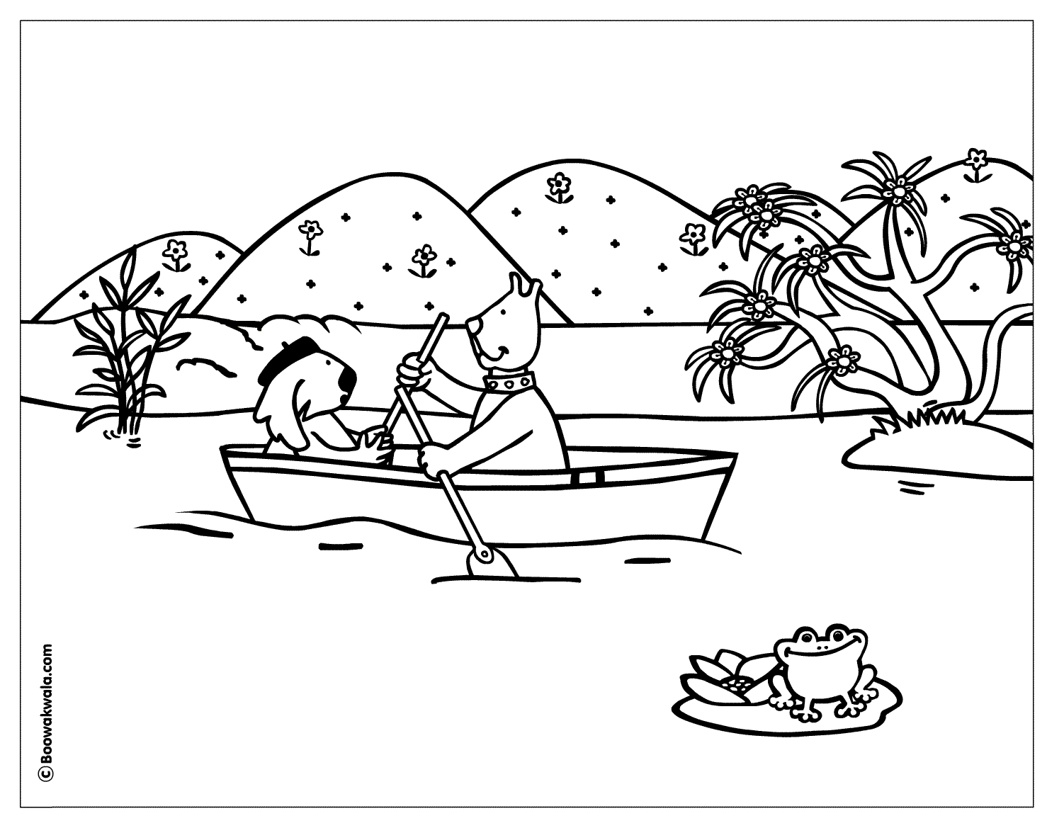 Coloriage d'un canot dans une chaloupe sur un lac tranquille