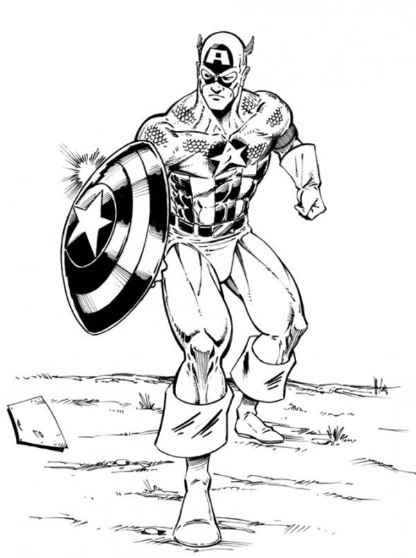 Coloriage de Captain America en pleine action avec son bouclier