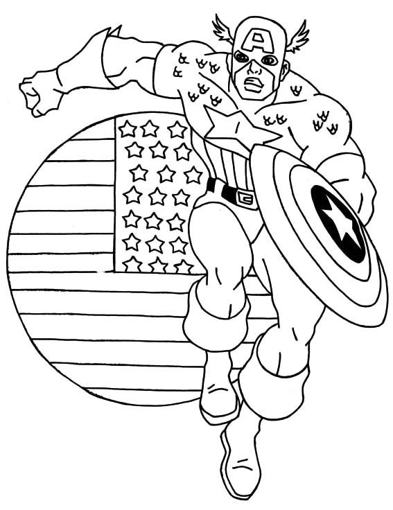 Coloriage de Captain America en pleine action avec son bouclier
