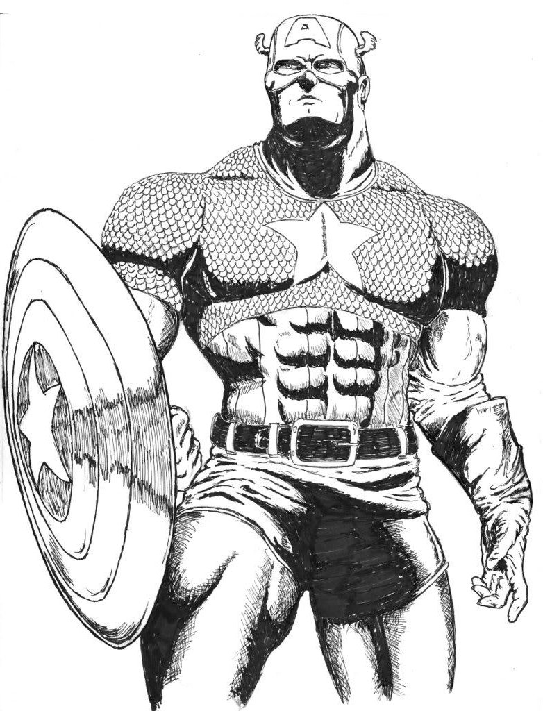 Coloriage de Captain America en pleine action avec son bouclier